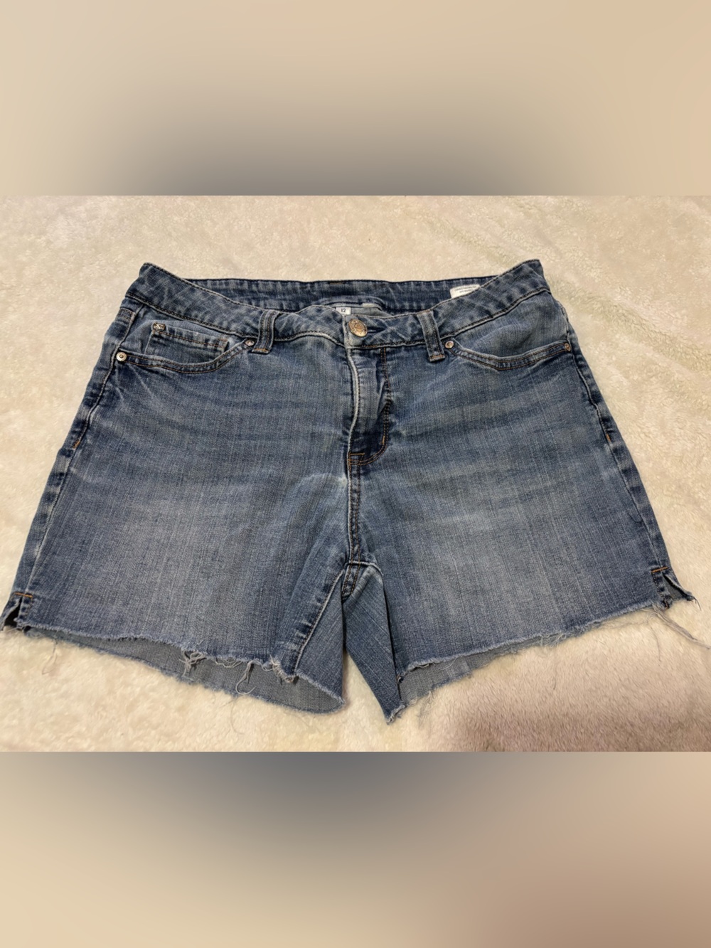 Seven7 Medium Blue Denim Boyfriend Cutoff Shorts